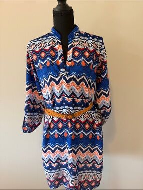 India Boutique Blue Patterned Long Sleeve Tunic Dress with Orange Accents